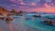 © elenaed - Misty ocean scenic landscape at dawn soft pastel hues blending with gentle waves rolling onto a secluded rocky shore