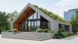 © IYearDesign - Sustainable Housing Trend Concept. Modern architectural structure with large glass windows and natural surroundings.