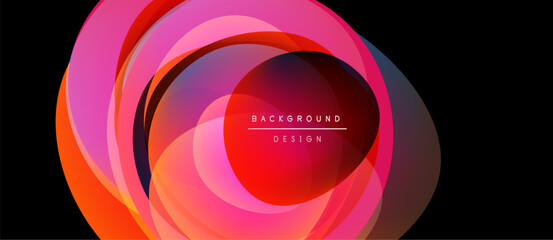Wall Mural - Abstract circular design. Layers create vibrant, flowing effect. Pink, orange, purple hues dominate composition. Text reads background design.