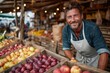 © Alexei - Smiling man with beard wearing apron stands at a vibrant fruit market, showcasing fresh apples and plums in wooden crates, embodying the essence of local produce and community