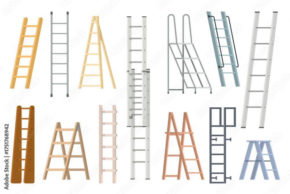 Cartoon step ladders. Different types wooden and metal staircases, home ...