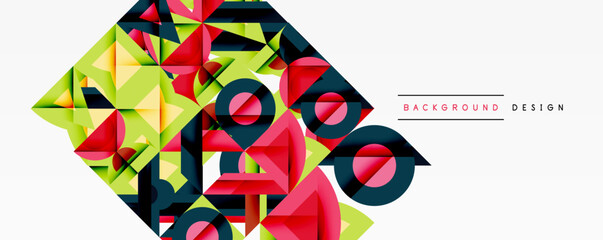 Wall Mural - Abstract geometric shapes form dynamic composition. Bright colors contrast with dark tones, creating modern visual effect.