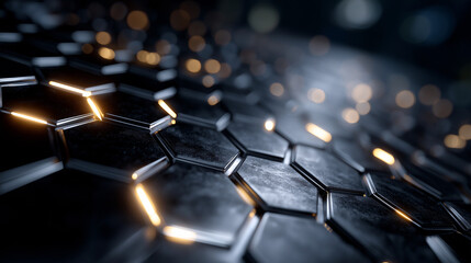 Wall Mural - Honeycomb Abstract: A close-up view of a modern, textured surface resembling a honeycomb pattern, illuminated with vibrant glowing segments, creating a futuristic and technological aesthetic. 