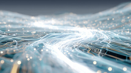Wall Mural - Digital Data Flow: A dynamic depiction of digital pathways, resembling flowing rivers, filled with luminous particles representing the constant movement of information.