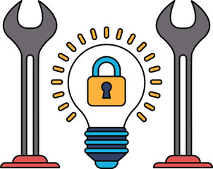 Canvas Print - A light bulb is surrounded by two wrenches and a lock