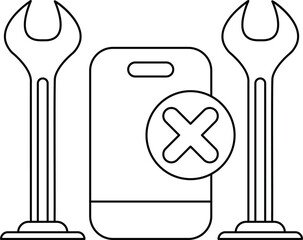 Canvas Print - A black and white drawing of a cell phone with a wrench and an X on it