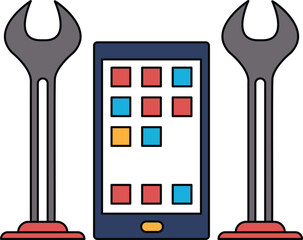 Wall Mural - A black and white drawing of a phone and two tools