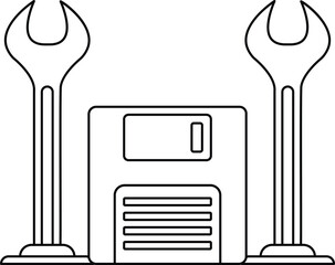 Canvas Print - A black and white drawing of a computer hard drive with a wrench on top of it