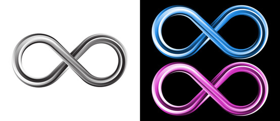 Wall Mural - Spiral with lines as abstract infinity symbol. Grey shape on a white background and the same blue and purple shapes on the black side.