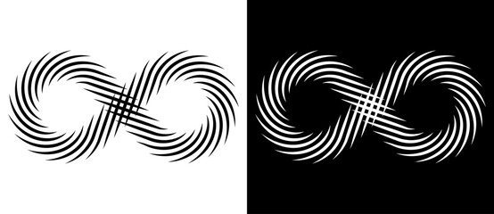 Wall Mural - Spiral with lines as abstract infinity symbol. Black shape on a white background and the same white shape on the black side.