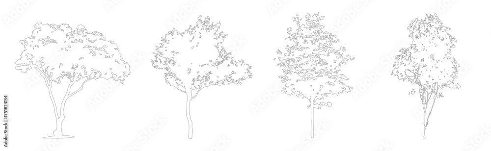 Tree Layout Lines CAD Tree Line Drawing Set, Minimal Outline Trees for Architecture and ...