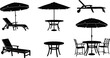 © MDALRAFIN - Black silhouette vector of outdoor furniture, patio chairs, sun loungers, garden umbrellas, round tables, summer relaxation, backyard seating, icons