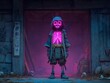 © Ola - A glowing neon skeleton in a samurai costume stands before an old wooden gate