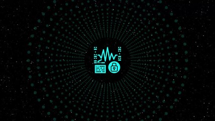 Wall Mural - Glowing blue icon of a server with a lock and a waveform inside a circle against a dark background with radiating light particles and twinkling stars