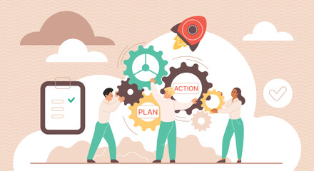 Wall Mural - Action plan for business project implementation by team of employees, teamwork achievement. Tiny people move system of gears together, work to implement success solution cartoon vector illustration