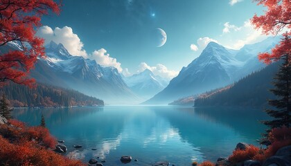 Fantasy landscape with mountains and lake. Calm water reflects sky with moon and clouds. Forest with red foliage surrounds the valley. Tranquil nature scene, great wallpaper art.