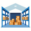 © TahrinAkther - Empty warehouse interior with shelves and cardboard boxes vector on white background.