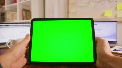 Desk of programmer with gadget chroma key green screen, person working with chatbot AI online, connecting with AI and using a chat. . High quality 4k footage
