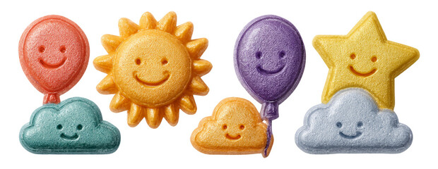 Colorful Smiling Objects Including Sun, Clouds, Balloons, and Star Isolated