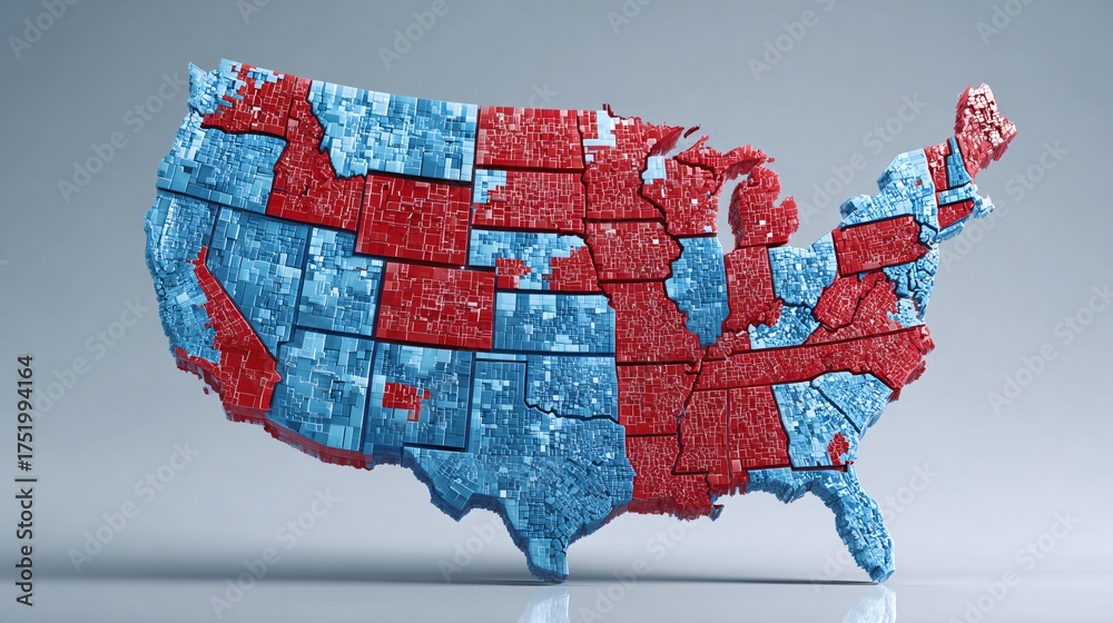 True Three Color Voting Map 3D USA electoral map by county in red and blue, detailed political ...