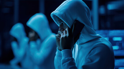 Group of scammer wearing a hoodie is talking on a cell phone, fraud and criminal concept