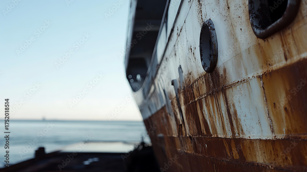Decaying ship wreck on beach, showing the effects of corrosion over ...