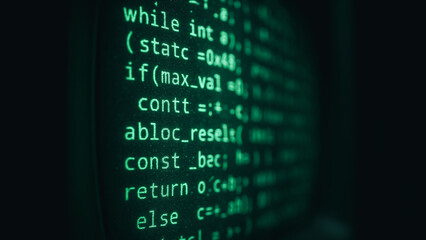Close-up view of coding on a screen, green text displayed on the dark background screen, illustrating programming and software development concepts.