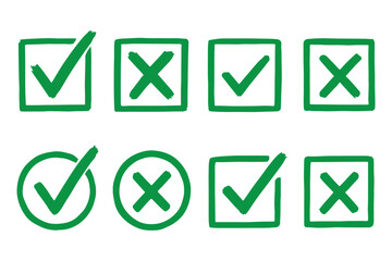 Wall Mural - Check mark icons set. Green brush stroke check mark, tick symbols, checklist signs. Grunge brush stroke signs. Grunge checkmark design. Dirty grunge stroke checkmark sign vector illustration