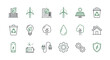 © Paula - Green energy icon set. Ecology and environment line symbols. Sustainable technology, renewable resources, wind power, solar panel, recycling bin, eco house vector icons.