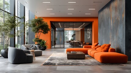 Wall Mural - Vibrant modern office lounge with orange sofas and grey armchairs in soft morning light. A glass-walled conference room is in the background.