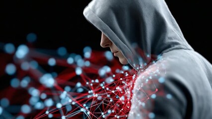 Digital Shadows: A hooded figure, shrouded in mystery, emerges from a digital landscape, the dark hues of the background highlighting the subject's face.