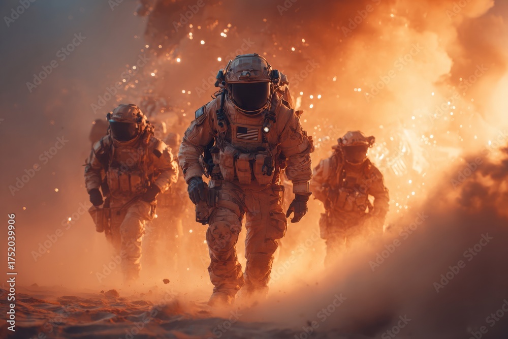 Astronauts advancing through a smoky landscape, evoking a sense of ...