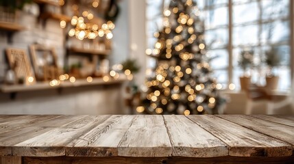 Wall Mural - Empty wooden table in front of a beautifully decorated christmas tree with warm bokeh lights, perfect festive background for holiday designs, seasonal product display, and cozy winter celebrations wit