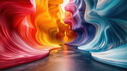 Wall Mural - Abstract canyon with vibrant, painted rock formations and smooth, glossy floor