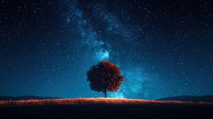 Wall Mural - Lone tree, starlit sky, peaceful night. Golden grass, celestial wonder