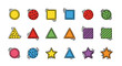 © Angie - Collection of colorful hand-drawn geometric shapes. Set of flat vector icons including circle, square, triangle, and star for kids' educational materials or web design.