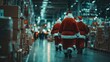 © panumas - Three Santa Claus characters walk down a warehouse aisle. The scene is dark and gloomy