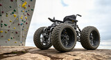 Adaptive mountain-style wheelchair with large pneumatic wheels parked by climbing wall concept of Climbing wall for disabled people  