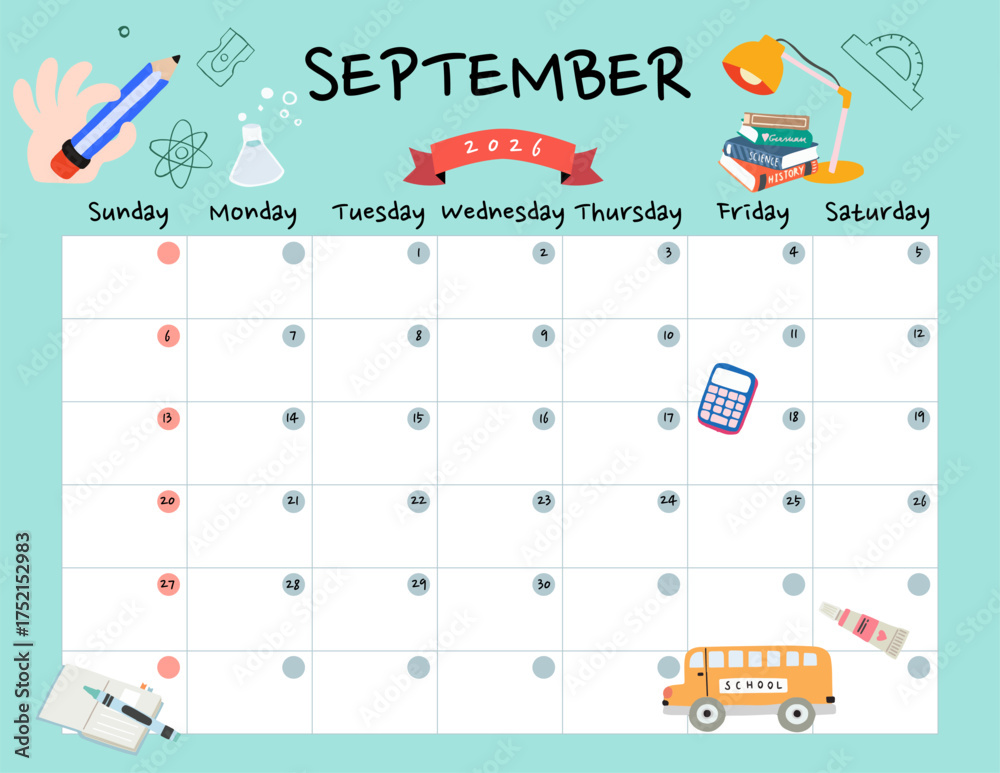 September 2026 table calendar week start on Sunday with holiday theme ...