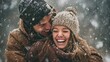© Johannes - people season love and leisure concept  happy couple hugging and laughing outdoors in winter no logos no brands ar 169