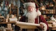 © Johannes - happy old santa claus wearing hat and costume holding parchment roll reading letter wish list preparing christmas shipping delivery gifts packing presents parcels standing in workshop on xmas eve no