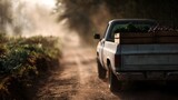 A dusty pickup truck loaded with fresh produce drives down a rural dirt road in the afternoon light