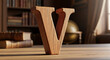 © MDTUHIN - Wooden Letter V on Desk in Library Bookshelves Globe Window Light Antiquarian Study Design Typeface Font Symbol Graphic Education Knowledge Wisdom Learn