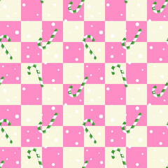Canvas Print - Cute colorful Christmas seamless pattern.Checkered plaid with candy canes and snow repeat pattern in green pink white.Merry Xmas background with squares.Vector graphic wallpaper.