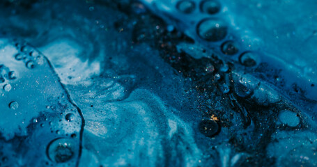 Wall Mural - Sparkling bubbles. Paint background. Defocused blue color marble shimmer water round soapy oil texture flowing on acrylic art abstraction.