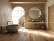 © Bouchra - A bathroom with a large bathtub and a mirror