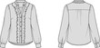 © shinha - blouse women ruffle trim stand collar button placket pocket yoke gathered sleeve cuff curved hem apparel garment clothing fashion textile template vector sketch illustration design pattern wardrobe pr