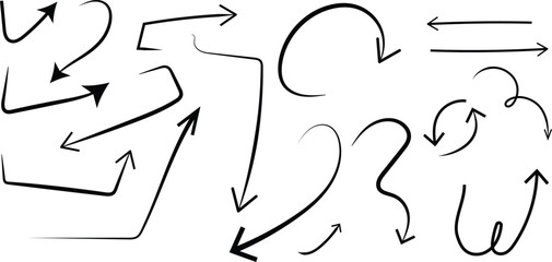 Set of hand-drawn arrows, circles and lines. Arrow icons Collection of hand drawn arrows on a transparent background. 