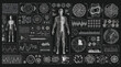 © S.Siam - Vector art of futuristic hud interface elements with human body scan, graphs, charts, and data streams, offering a glimpse into advanced technology and medical diagnostics