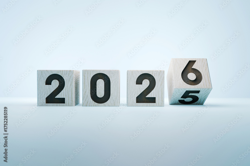 Wooden cubes displaying the numbers 2025 and 2026, representing the New ...